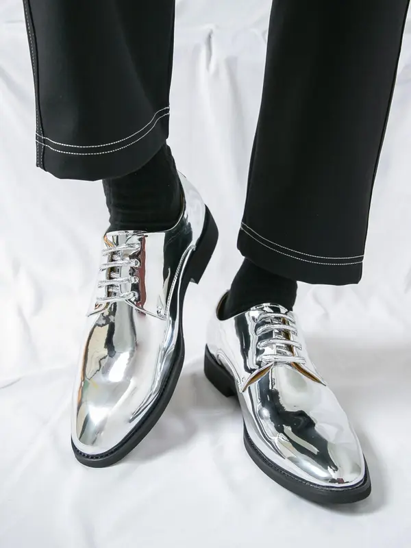 Men's Fashionable Glossy PU Leather Dress Shoes, Stylish Brogue Design Shoes for Party, Daily Clothing Decor for Men, Footwear 4