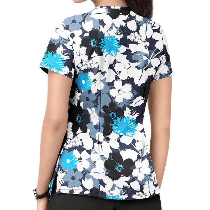 Product Introduction of Women Print Nurse Uniform Plus Size Summer Short Sleeve V-neck Tops Nursing Working Uniform T-shirts Clinic Protective Clothing 4