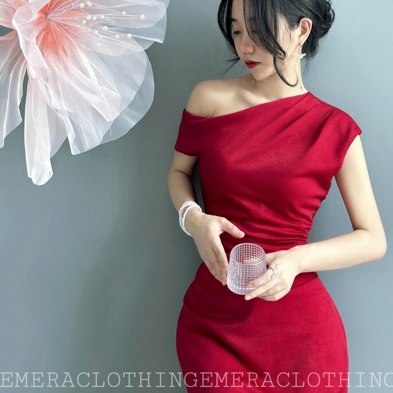 BST váy thiết kế Ladonadress dự tiệc sang trọng chất lụa mềm mát có óng ánh nhẹ xẻ tà sau lưng Nữ Women Voan Voi đầm trễ vai màu trắng văn học cổ điển lệch vai Tay Loe chỉ giặt tay đỏ hồng vay váy đỏ