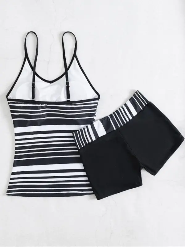 Women's Striped Print Camisole & High Waist Shorts Tankini Set, Adjustable Strap Swim Top & Skinny Bottom, Women's Swimwear For Summer Beach Holiday 3
