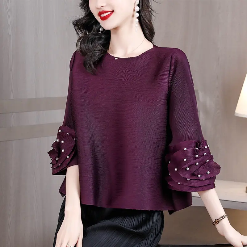 Áo Thun Mùa hè, Thời Trang, Dáng Rộng Vừa Vặn, Cổ Tròn Xếp Ly ngắn Tay, Dành Cho Nữ, 2023