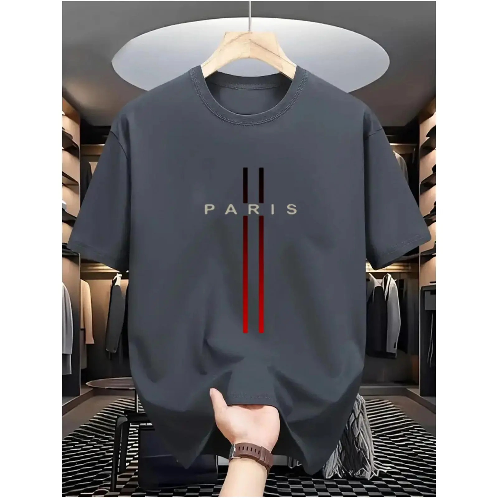 "PARIS" Letter Print Men's Casual Comfy Short Sleeve Crew Neck T-shirt,  Fashionable and casual, suitable for home, office, and outdoor wear