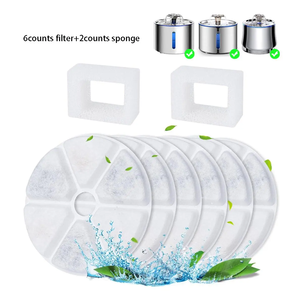 Cat Water Fountain Replacement Filter, 6 Counts Filter Elements & 2 Counts Sponges, Suitable for Cat and Dog Water Fountain Accessories, Pet Supplies
