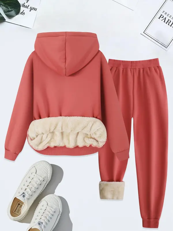 Women's Letter Print Thermal Lined Sweatshirt & Drawstring Waist Sweatpants Two-piece Set, Casual Long Sleeve Hoodie & Pocket Jogger Pants, Women's Fall & Winter Clothes 6