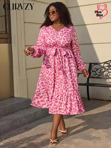 CURVZY Plus Size Leopard Print Belted Fake Buttons Ruffle Hem Dress, Boho Bishop Sleeve V Neck A Line Dress for Spring & Fall, Women's Clothes for Daily Wear