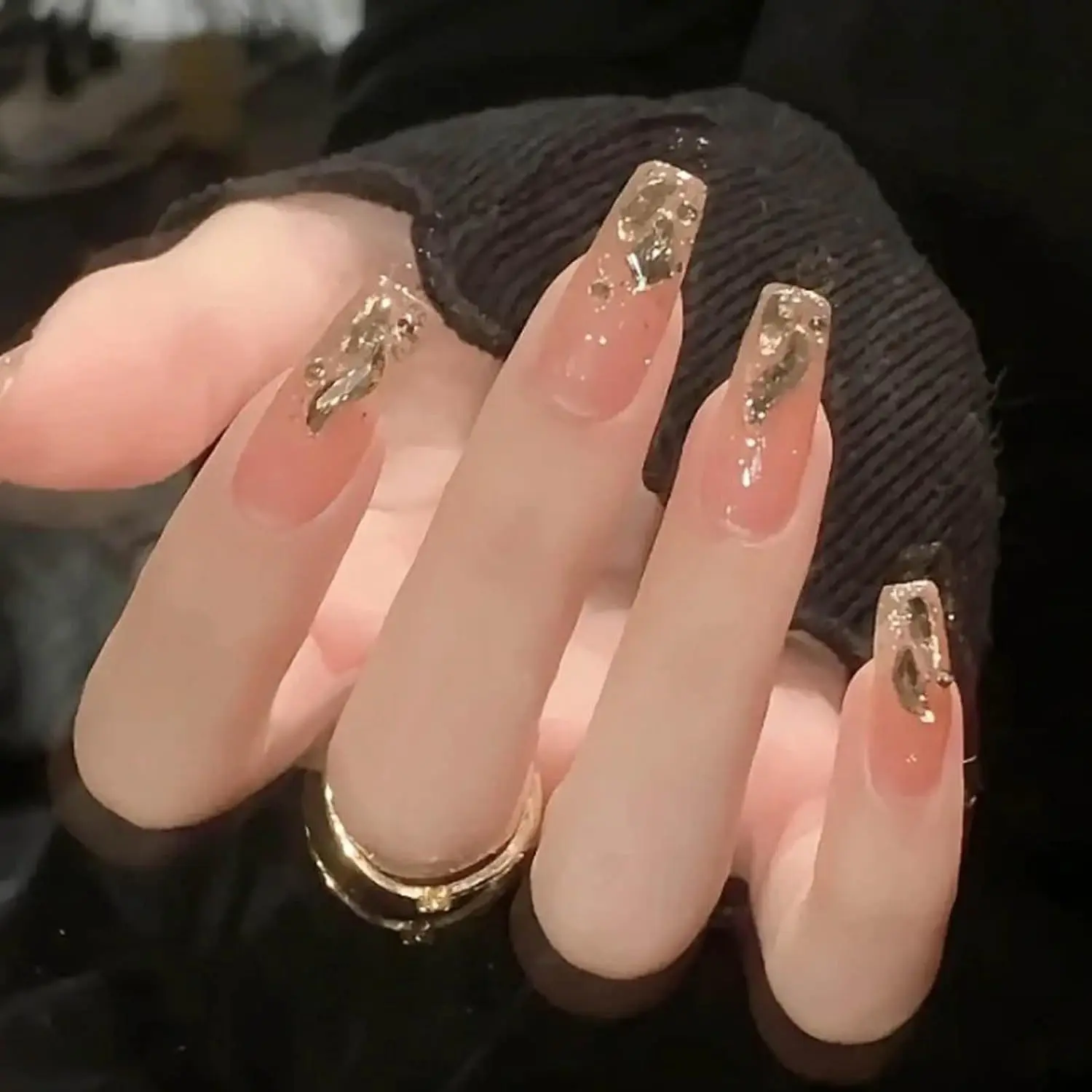Bling Coffin Press on Nails Fake Nails Full Coverage Medium Gradient Fake Nails Suitable for Women and Girls 24 Pieces (Golden Coffin)