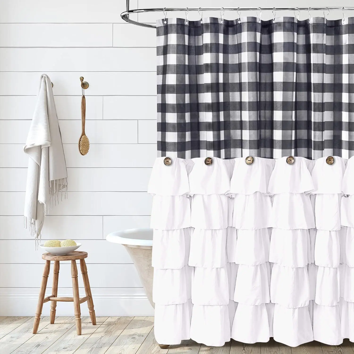 Ruffled Shower Curtain, 1 Count Plaid Pattern Bath Curtain with Button Accent, Lightweight Quick-dry Polyester Curtain for Bathroom Decor, Home Goods