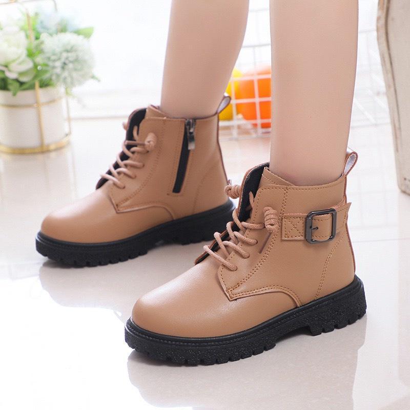 520 giày cao cổ cho bé gái bốt bé trai trơn da PU mềm có khóa kéo dây buộc QCCC full hộp