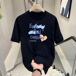 ผ้าฝ้ายคอกลมแขนสั้นเสื ้อยืดผู้ชายเทรนด์ภาษาอ ังกฤษพิมพ์ฤดูร้อนด้านบ หลวมพร้อมเสื้อยืดขนาด