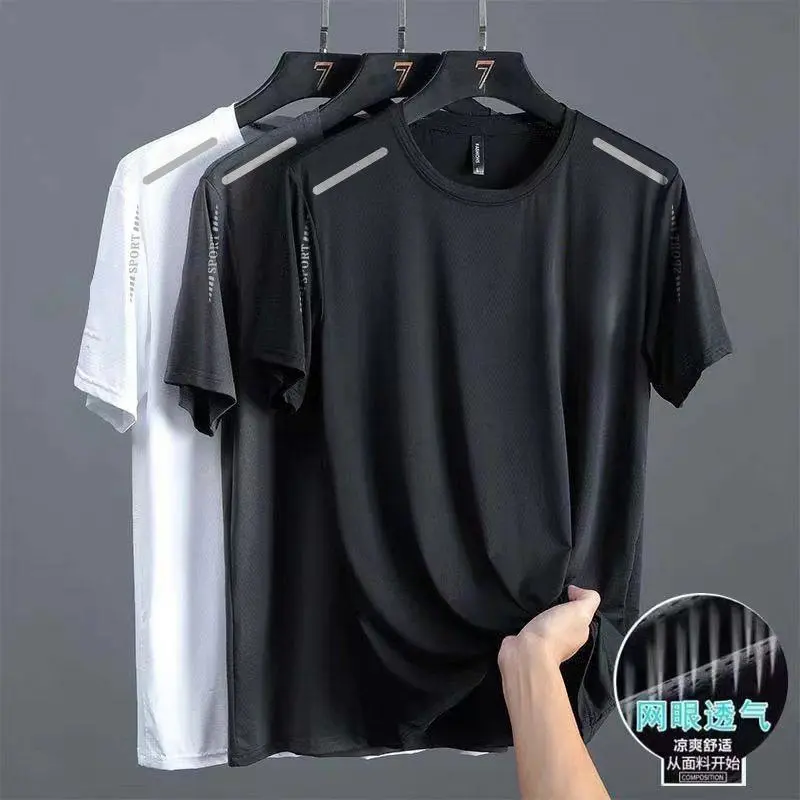 Áo Thun Lụa Lạnh Mùa Hè, Chất Lượng Cao, Dành Cho Nam Giới, Cổ Tròn, Nhanh Khô, Ngắn Tay, Mỏng Và Thoáng Khí, Áo Cỡ Lớn Thích Hợp Cho Thể Thao, Thiết Kế Rộng Sport Top Tập Aerobic