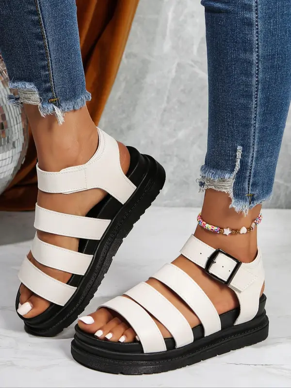 Women's Fashionable Solid Color Platform Sandals, Casual Comfortable Buckle Sandals for Summer, Lightweight Breathable Shoes for Daily Wear, Girl 8