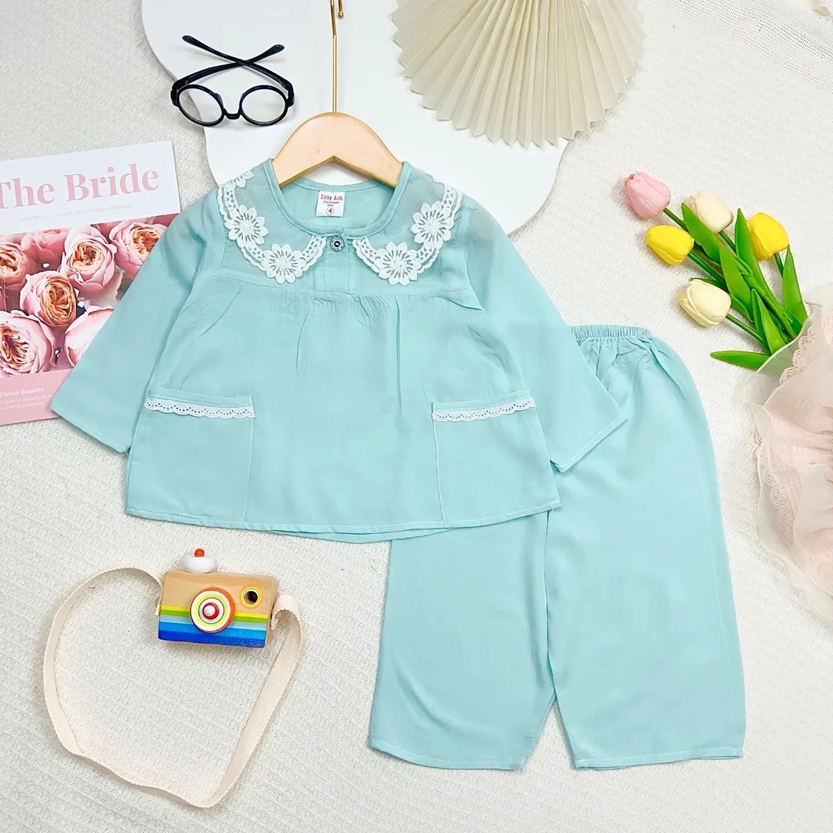 TOLEXINH [9kg-22kg ] Bộ tole tay dài quần dài bé gái màu trơn phối cổ ren lá sen - Vải loại 1 [FREESHIP