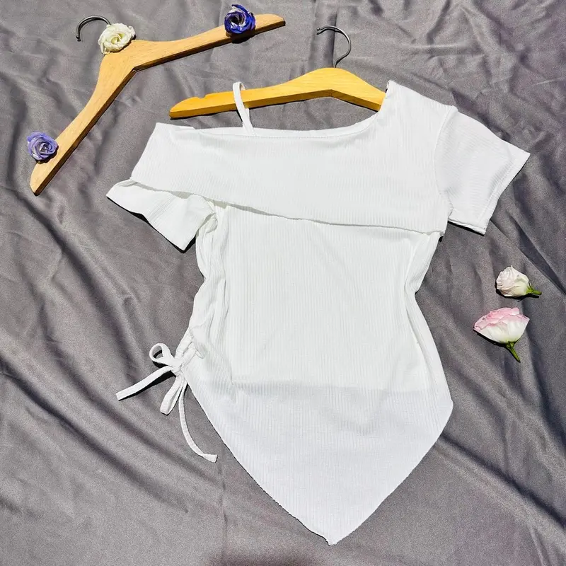 Áo thun TN nữ trễ vai lệch tà rút dây eo vạt nhọn Top Màu Trắng Cổ Tròn Nhung - Women áo  trễ xám 1 bên y2k Voi 2