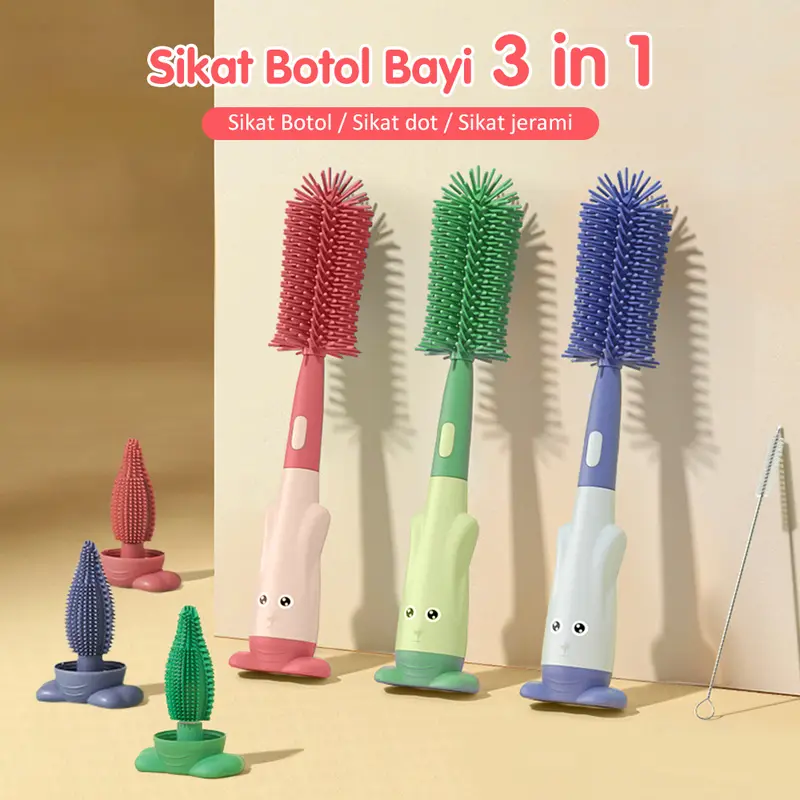 BAMBINO Sikat Botol 3 in 1 Silicone Bayi Silikon BPA Free Dapat Berputar 360 Biru Bottle Merah Pembersih Pembersih 1