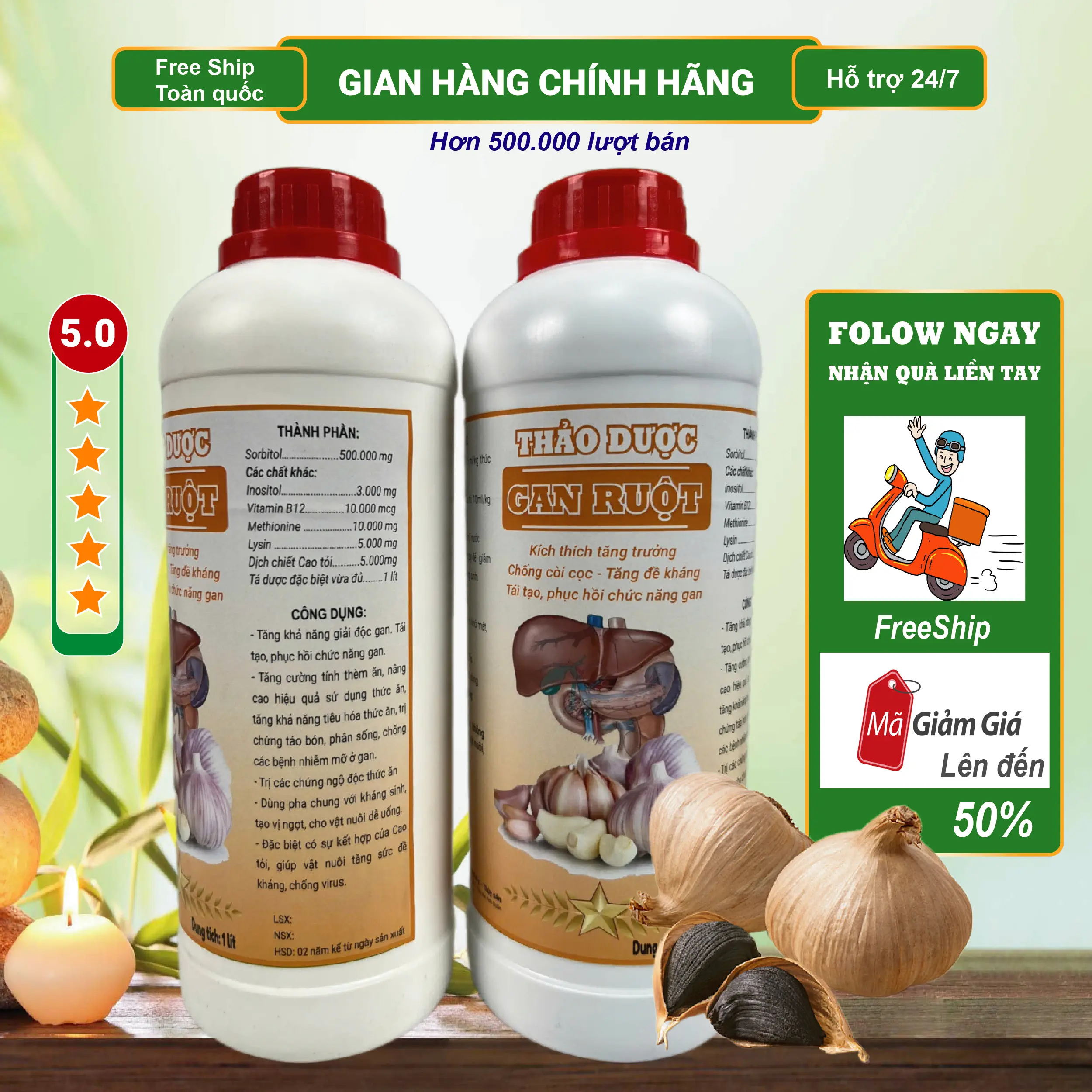Thảo dược Gan Ruột 1 lít - Tinh chất Tỏi đen - nâng cao đề kháng - Phòng ngừa các bệnh về gan ruột cho tôm - nong to đường ruột - Xử lý các bệnh về gan
