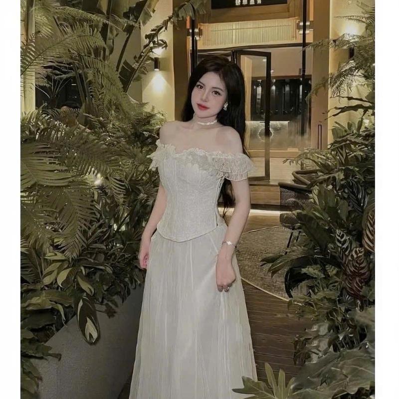 BIGSIZE HIẾU HIẾU 55-95KG - Set thời trang nữ sang chảnh Áo cúp trễ vai ren + Chân váy voan lưới dáng dài