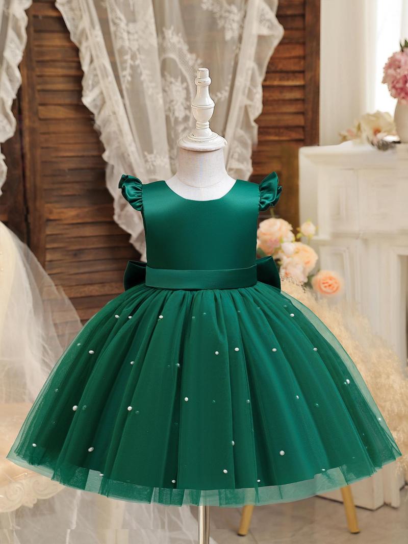 Product Introduction of Girl's Faux Pearls Decor Big Bow Round Neck Dress, Elegant Sleeveless Contrast Mesh Dress for Party Wedding Guest, Kids Summer Clothes 7