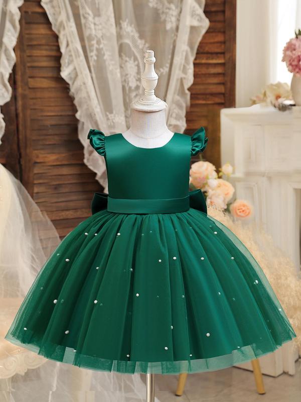 Girl's Faux Pearls Decor Big Bow Round Neck Dress, Elegant Sleeveless Contrast Mesh Dress for Party Wedding Guest, Kids Summer Clothes 6