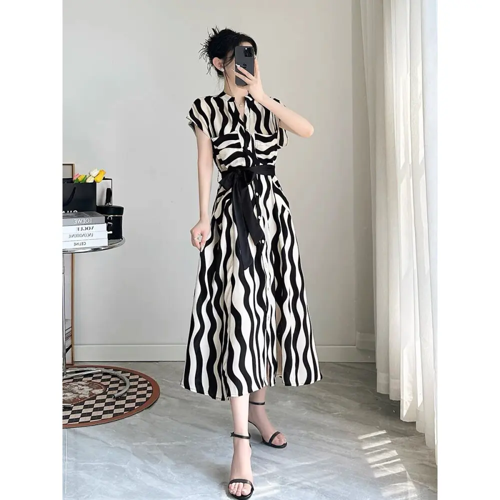 FADFAD 【ready stock】Gaun lengan pendek bergaris mode terbaru