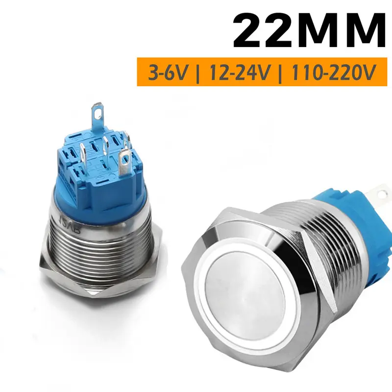 Nút Kim loại nhấn Tự nhả 22mm, Ấn Tự phục hồi có LED 3V-6V, 12-24V, 110-220V 5
