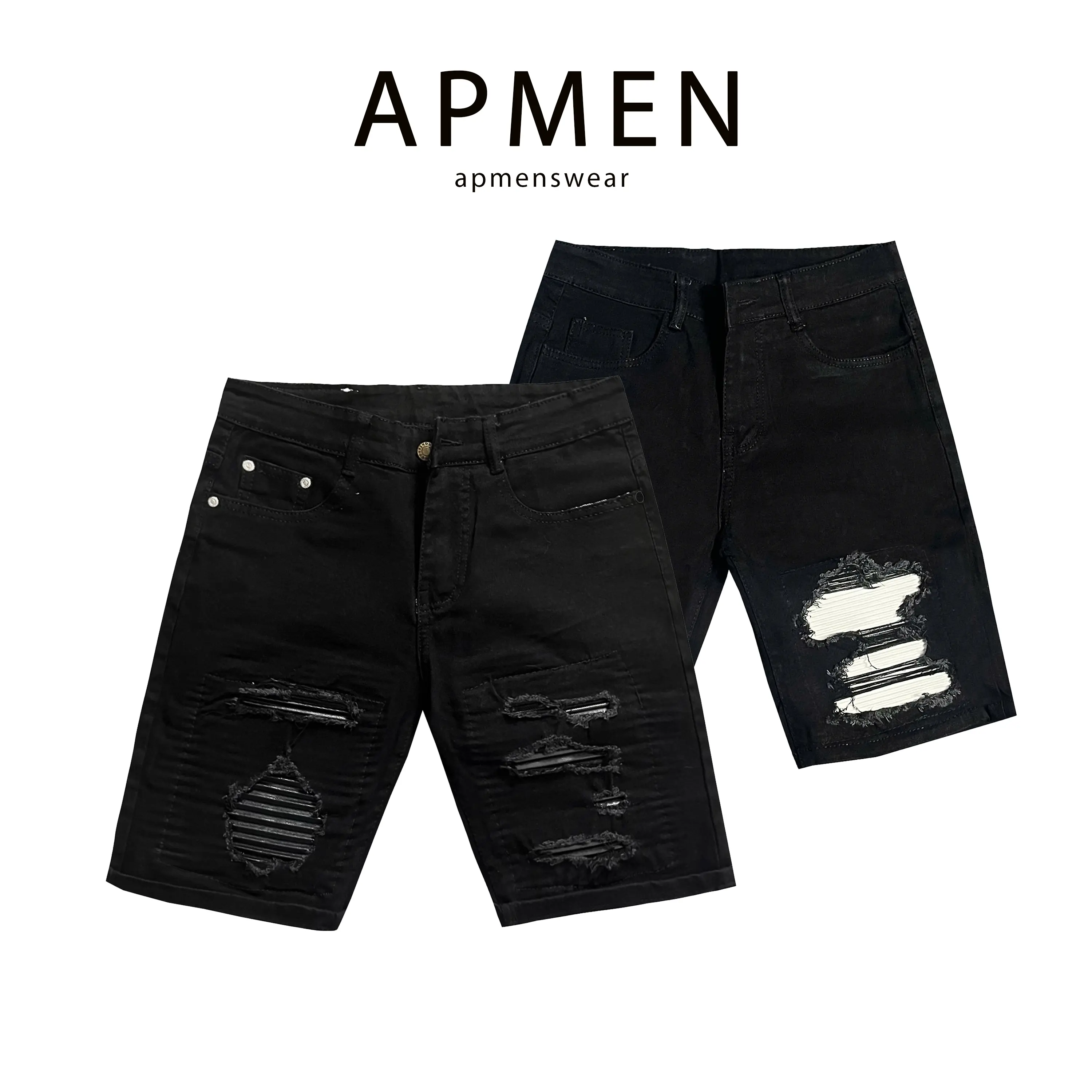 QS8A303 QUẦN SHORT JEAN NAM RÁCH VÁ DA COTTON CO DÃN THÊU HỌA TIẾT Menswear Có Túi