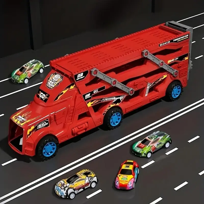 Transformer Ejection Truck Toy Set, 1 Set Foldable Transport Truck Toy Including 6 Counts Small Car Toy, Model Toy for Boys & Girls 0