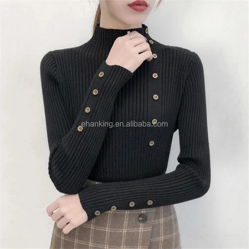 Product Introduction of K105 Women Knitted Slim Sweaters Solid Knitted Female Cotton Soft Elastic Color Pullovers Button Full Sleeve Turtleneck 6