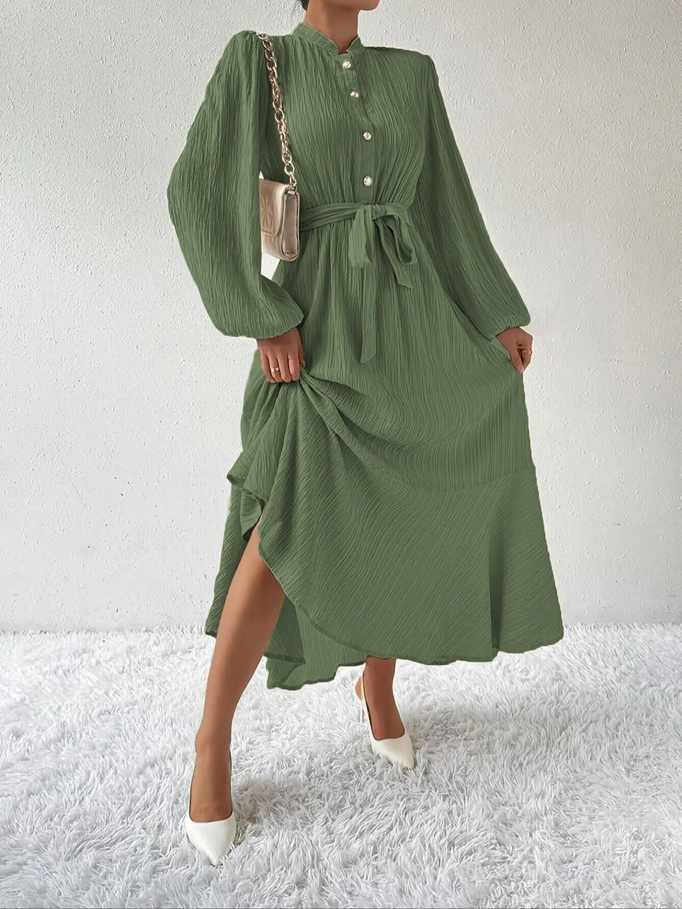 Plain Textured Belted Ruffle Hem Shirt Dress, Dresses for Women, Basic Elegant Button Front Long Sleeve Long Dress, Womenswear, Women's Summer Dresses 2024, Wedding Guest Dress