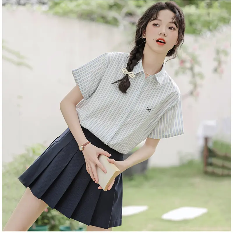 áo sơ mi kẻ sọc nữ cộc tay thêu nơ thanhuyen clothing , áo sơ mi nữ cộc tay thêu nơ kiểu dáng hàn quốc (A142) 4