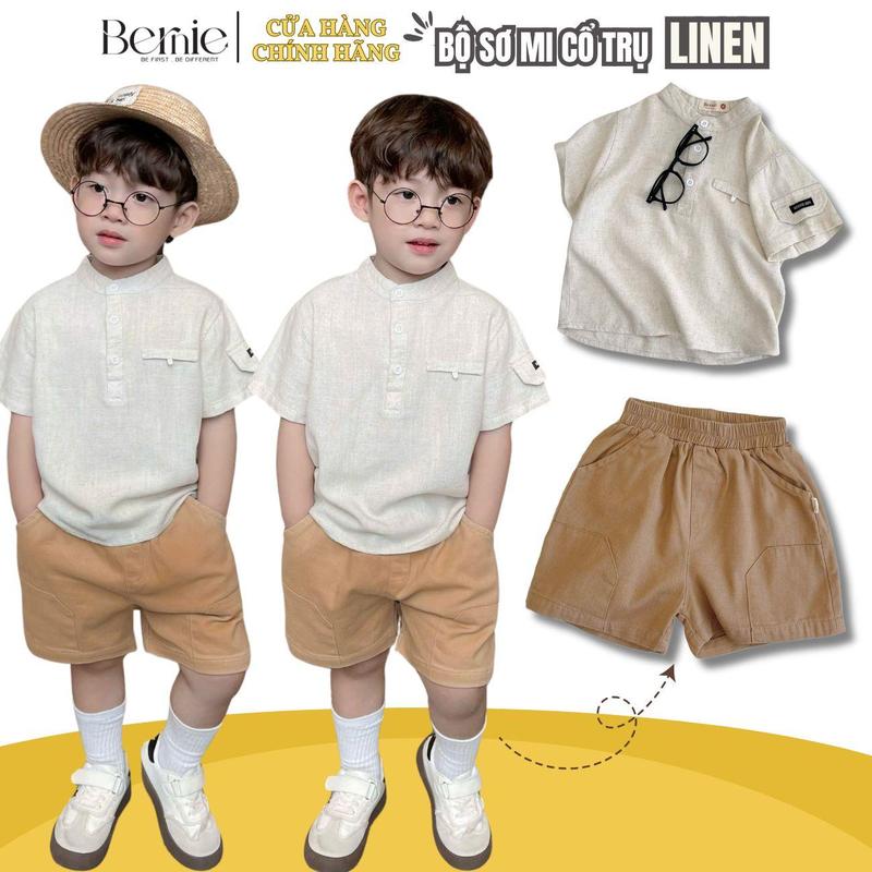  Set bộ áo quần áo sơ mi linen công tử bé trai áo sơ mi cổ trụ quần kaki 1 đến 7 tuổi BERNIE 0724B29 