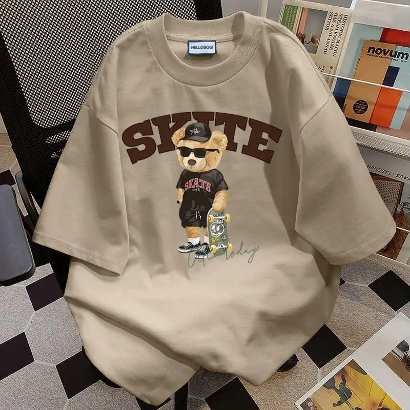 Summer Casual Vintage fun bear short-sleeved t-shirt men and women couple top ins boxy  shirt oversized  shirt  men