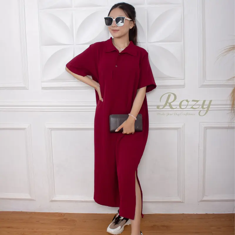 Rozy - Long Dress Button Cringkel Baju Midi Casual Panjang Wanita Gaun Hitam Simple Baju Pesta Pendek 8