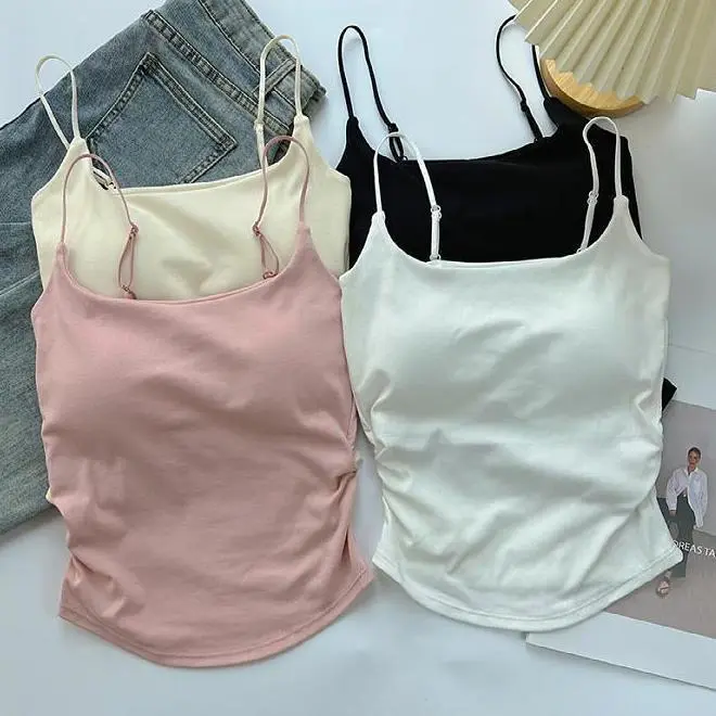 2025 High Quality Pure Desire Sweet and Spicy Camisole Female Inner Wear Outer Wear Back Shaping Padded Pleated Design Sense Slim Fit Slimming Top Female Hot Sale