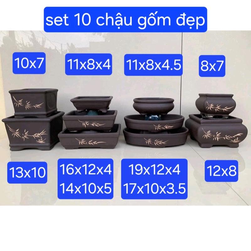 bộ chậu gốm nâu đẹp trồng cây bonsai mini