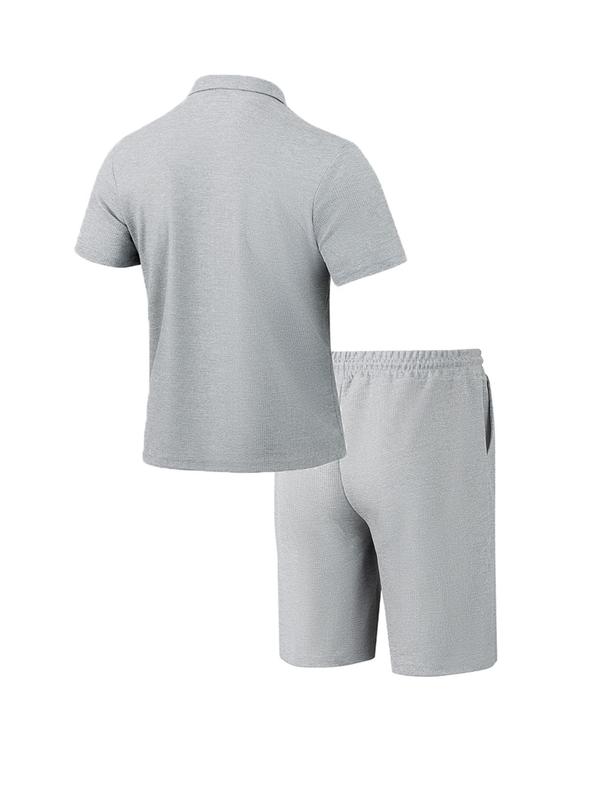 Two-Piece Set Men's Solid Color Waffle Knit Utility Shirt & Shorts, Casual Short Sleeve Collared Top & Shorts for Summer, Men's Clothes for Beach Vacation 7