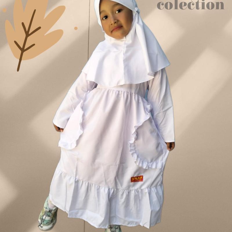 Gamis anak putih bordir kantong 2 /gamis anak manasik 4_12th Muslim Sekolah Seragam Baju Tanggung Jilbab Setelan Panjang Nyaman Dress 4