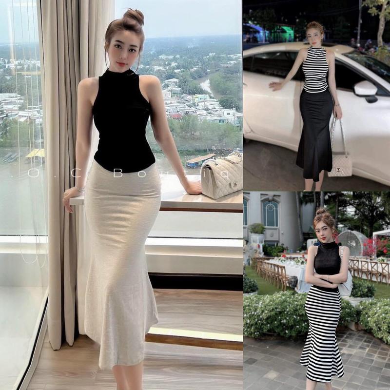 Set áo sát nách cổ lọ kèm chân váy đuôi cá chất thun gân co giãn chính phẩm thích hợp mặc đi tiệc đi làm đi chơi