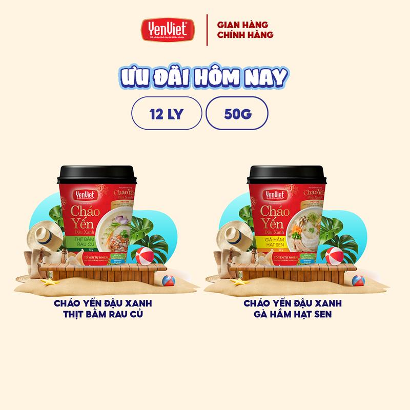 Combo 12 ly cháo yến đậu xanh Yến Việt thanh mát, vị thịt bằm rau củ/ gà hầm hạt sen, bổ dưỡng 1 ly x 50g