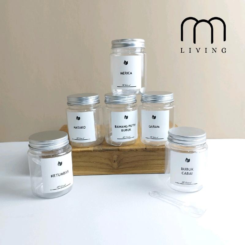 Toples Bumbu Dapur Aesthetic 200ml TUTUP SILVER Free Sendok & Label Waterproof 2