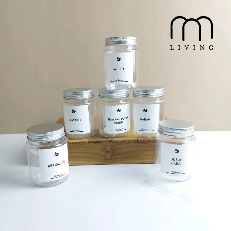 Toples Bumbu Dapur Aesthetic 200ml TUTUP SILVER Free Sendok & Label Waterproof 2