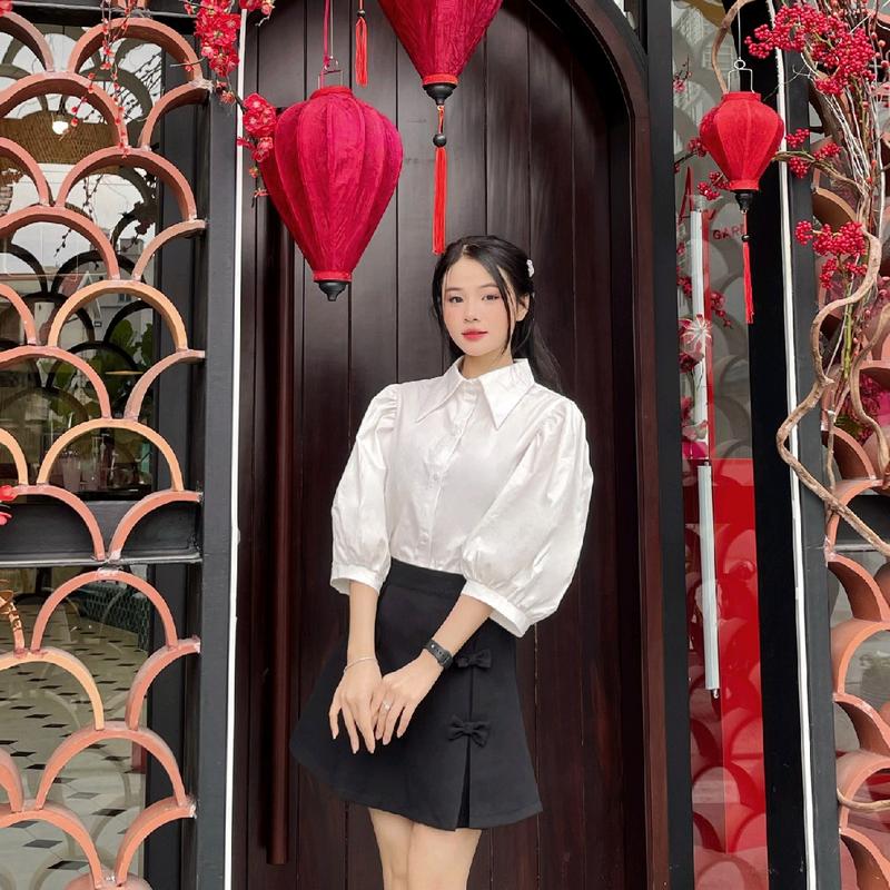 Set áo sơ mi chất thô xịn + chân váy nơ thiết kế Newly Nữ Women 2