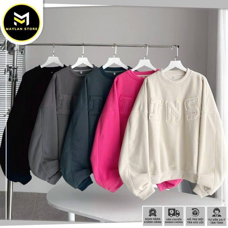 Ao sweater thêu chữ nổi INS nỉ bông , Áo hoodie vải nỉ lót bông dày dặn form rộng unisex 6