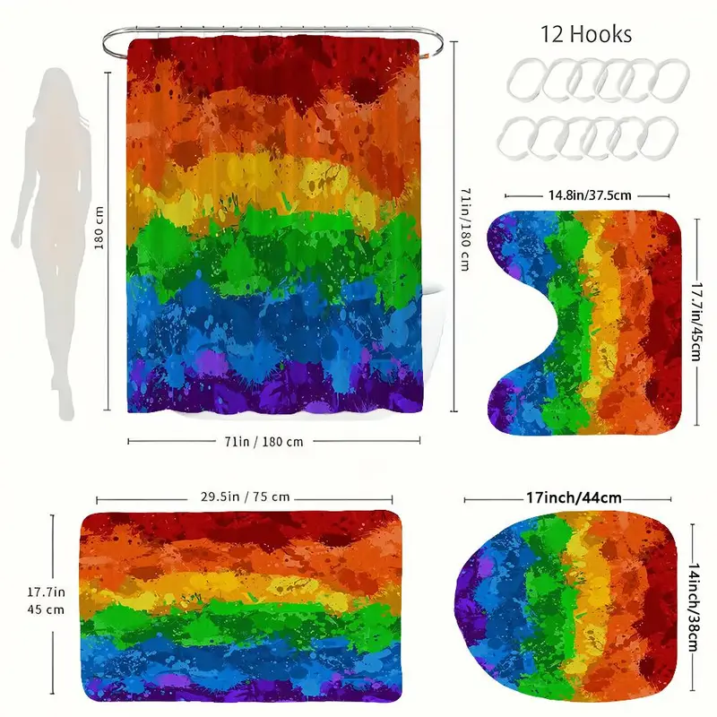 Rainbow Pattern Shower Curtain with 12 Hooks, 1 Count Colorful Bathroom Curtain and 1 Count U-shaped Mat & 1 Count Toilet Lid Cover, Bathroom Decor Supplies 1