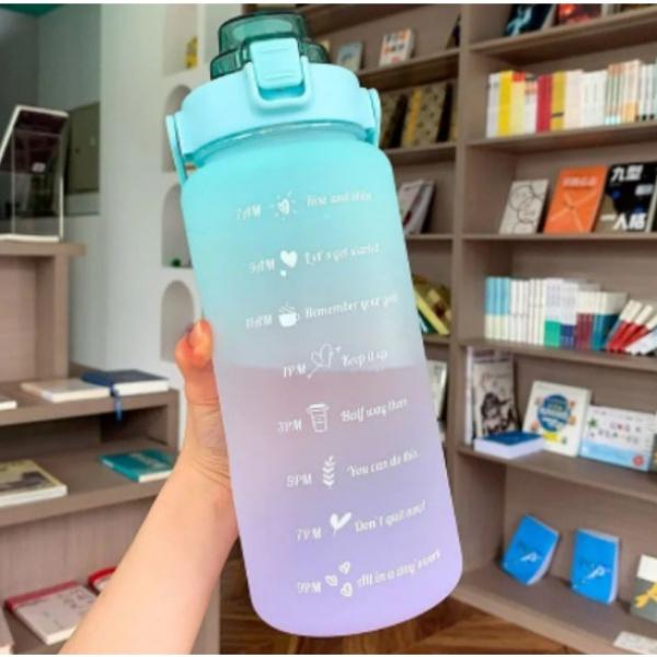 Bình nước 2 lít tặng Sticker dành cho người lười uống nước Fan House bình nước cute 2L có ống hút, vạch chia nhắc giờ 4