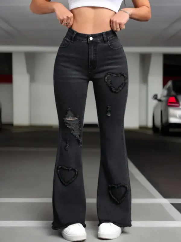 Women's Ripped Flare Leg Jeans, Fashion Casual Button Pocket Denim Pants for Daily Outdoor Wear, Ladies Bottoms for Summer 3