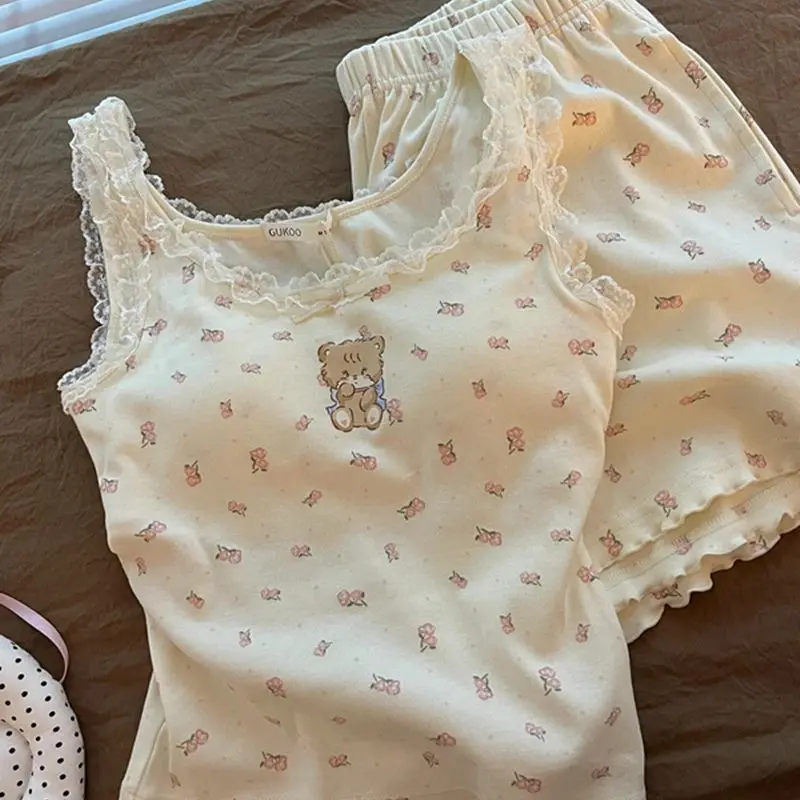 Bộ Đồ Ngủ Mùa Hè Cho Nữ, Thiết Kế Gấu Hoạt Hình Dễ Thương, Bộ Đồ Không Tay Đồ Mặc Ở Nhà Cô Gái Ngọt Ngào Bộ Đồ Hai Mảnh, Thu Thập Được Bởi 5192 Người, Có Sẵn Năm 2025