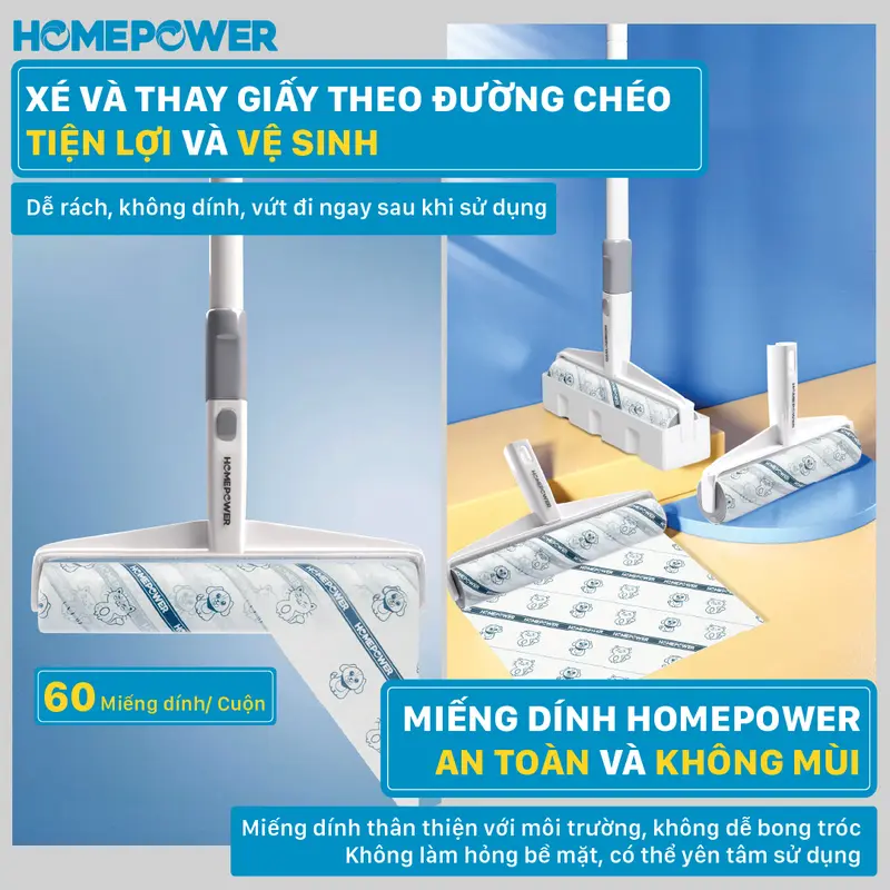 Cây lăn bụi sàn nhà 24cm CB-01 Homepower 60 tờ/cuộn - Keo siêu dính, tay cầm dài, kích thước lớn 4