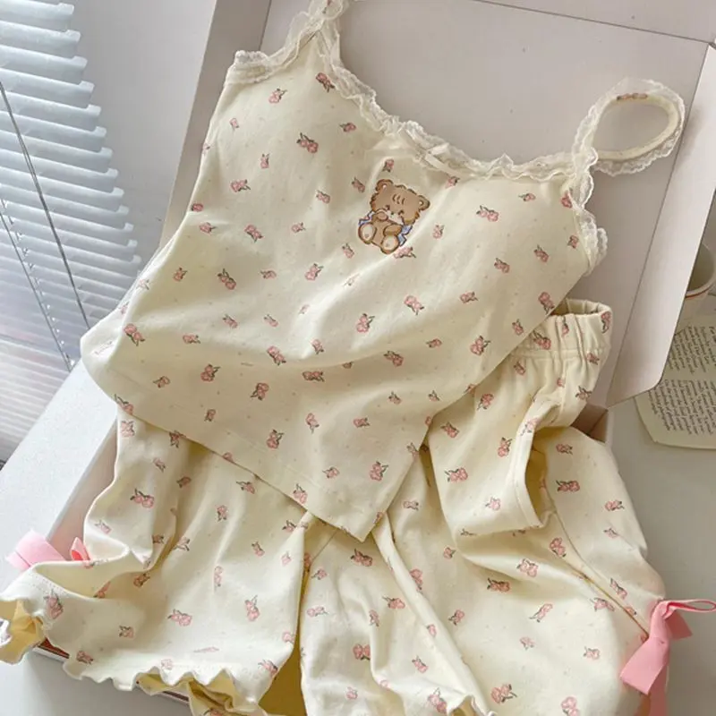 Bộ Đồ Ngủ Nữ Mùa Hè, Hàng Mới Về, Dây Đeo Ren, Thiết Kế Gấu Hoạt Hình, Dễ Thương Và Ngọt Ngào, Thích Hợp Cho Bé Gái Và Học Sinh, Bộ Đồ Mặc Ở Nhà, Được Yêu Thích Năm 1901