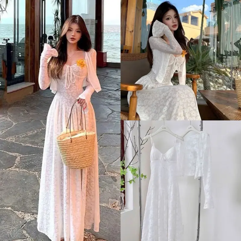 ( Sam’s Clothing ) Set đầm maxi 2 dây trắng ren thêu hoa thắt nơ + Áo khoác trắng ren hoa tay dài