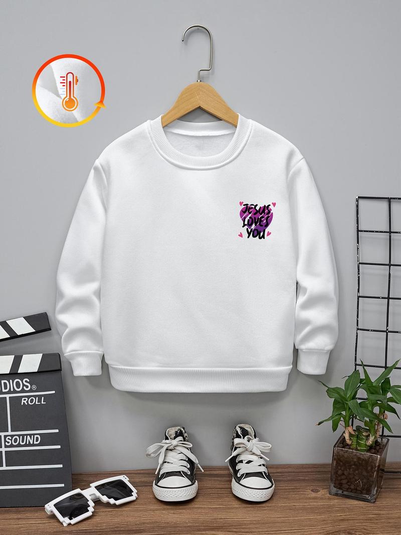 Product Introduction of Letter & Heart Print Thicken Sweatshirt, Casual Soft Comfy Long Sleeve Crew Neck Pullover for Fall & Winter, Kids Clothes for Daily Wear Valentine's Day, gift 6